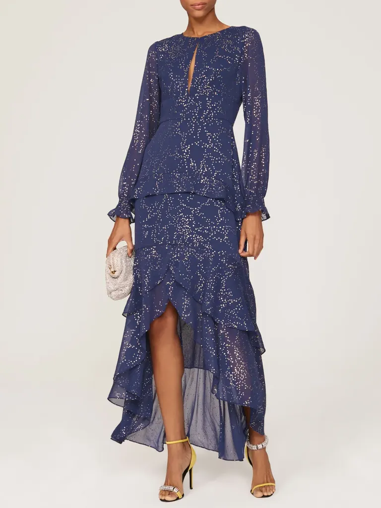 Shimmery blue high low wedding guest dress winter from Rent the Runway