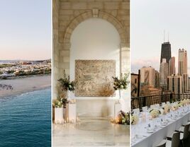 triptych of three dream wedding venue images, including beach, art museum and rooftop