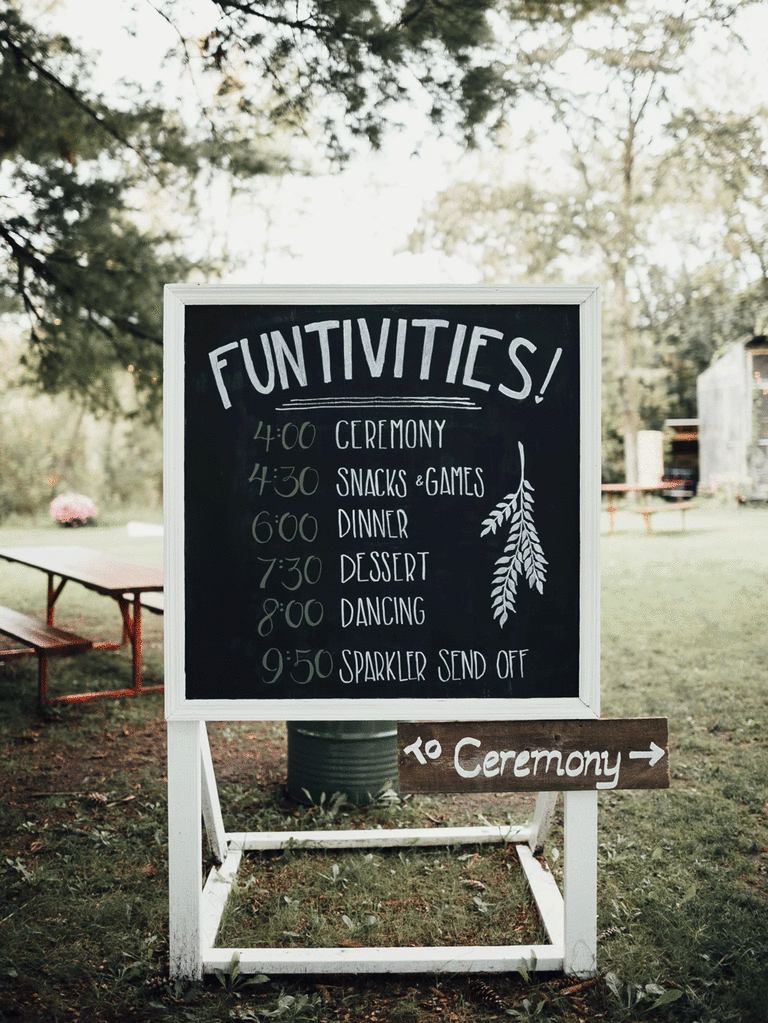 White and black chalkboard at DIY rustic wedding.