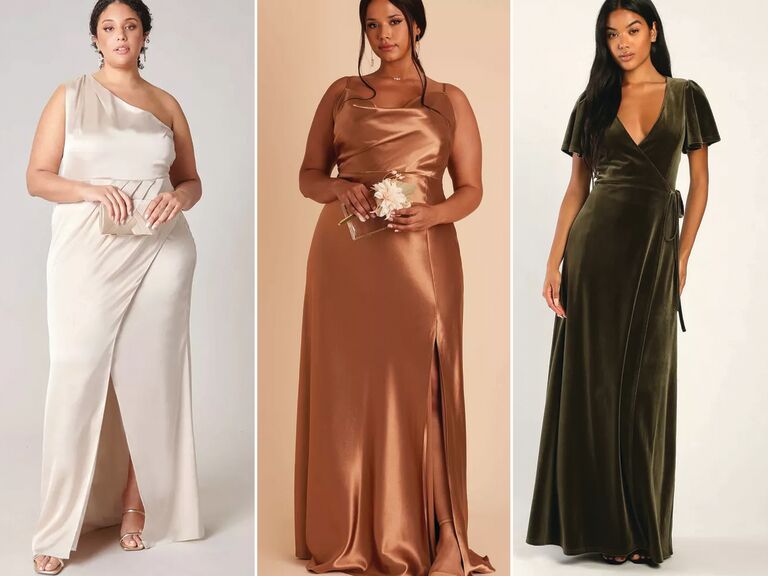 A collage of three affordable bridesmaid dresses under $100
