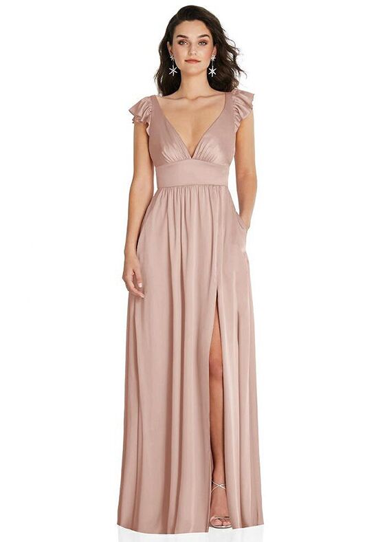 Dessy Group Flutter Sleeve Open-Back Velvet Maxi Dress with Draped