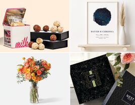 Four last-minute engagement gifts: Milk Bar gift set, custom star map, NEST candle subscription, flower delivery