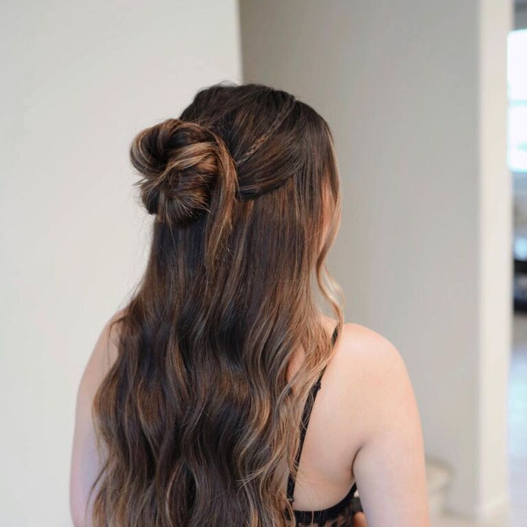 Half-updo with mini braid and loose curls