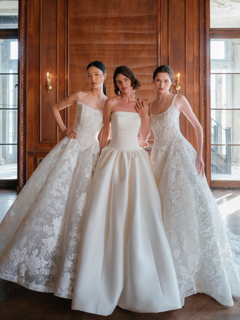 Sareh Nouri new collection three ball gown designs, center simple strapless and sides lace