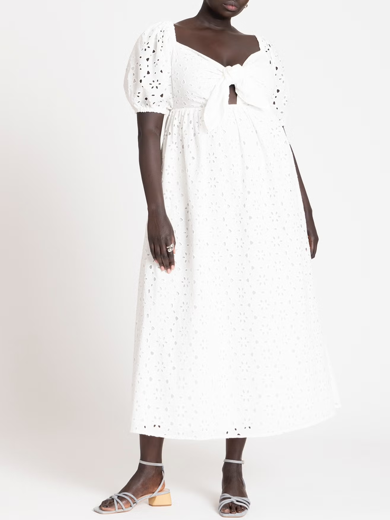 White eyelet tie front midi wedding dress from ELOQUII