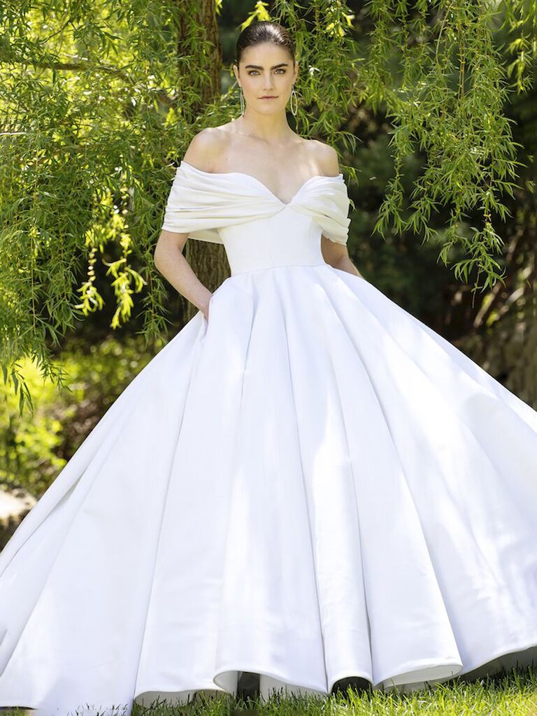 Satin Bridal Gown with Pleated Spaghetti Strap and Ball Gown Skirt