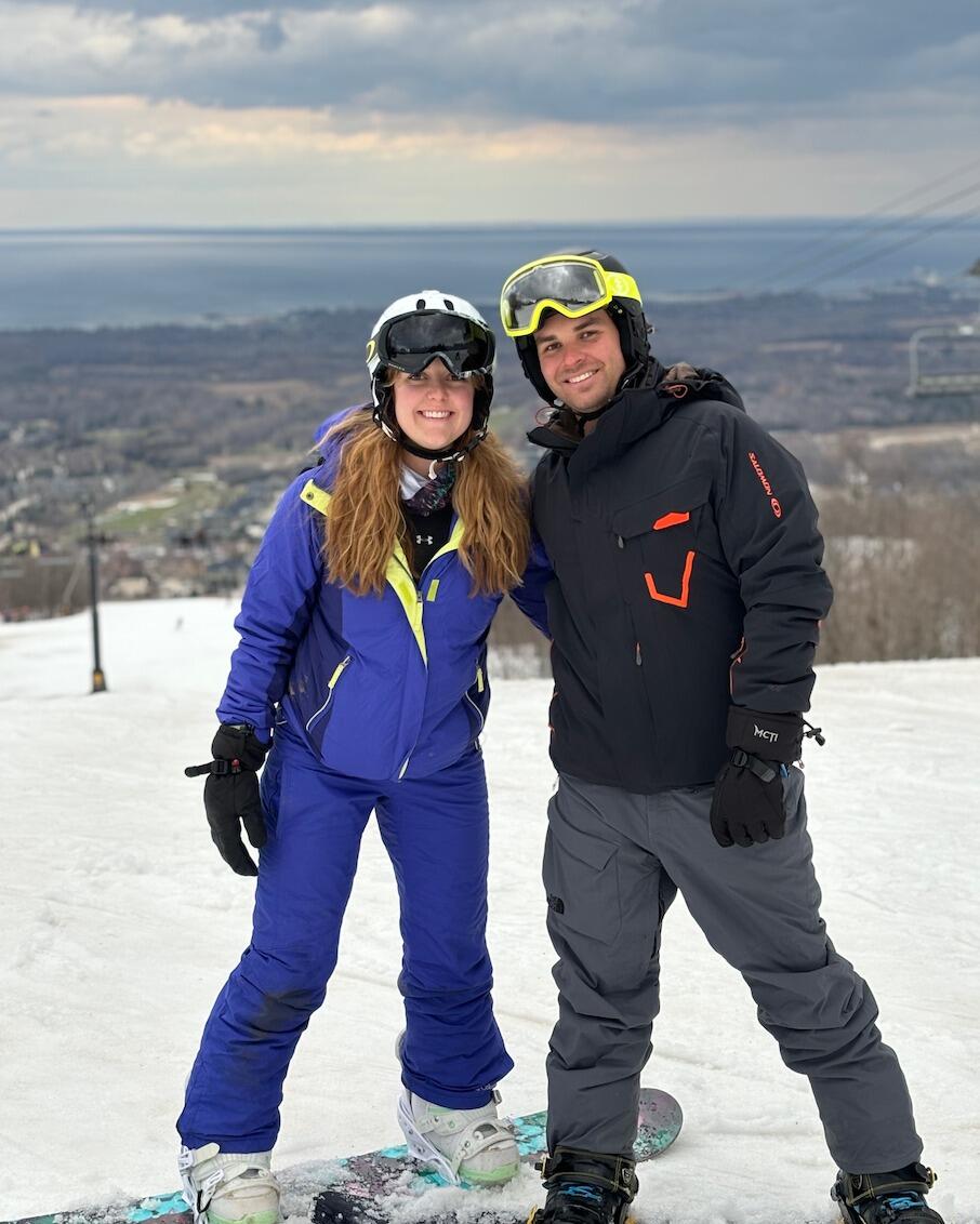 Derek bought Shannon a snowboard for Christmas and began teaching her one of his favourite hobbies. It's "a work in progress"! Collingwood is a place they go to enjoy outdoor activites together!