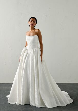 Floral Brocade Ball Gown with Squared Basque Waist and Waterfall Skirt