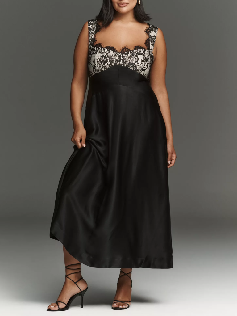 Anthropologie black lace midi petite wedding guest dress