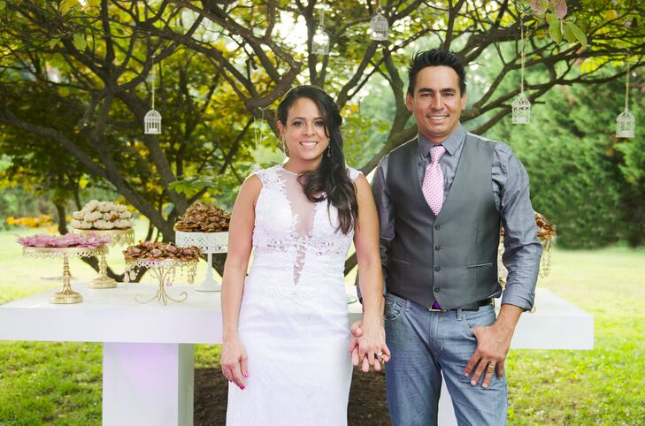 Casual Groom And Bride In V Neck Dress At Backyard Summer Wedding