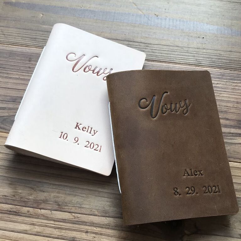 custom leather vow book set embossed with couple's names and wedding date