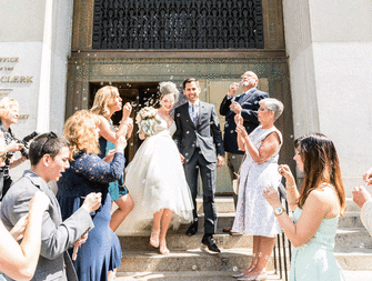 Bride and groom civil ceremony bubble exit.