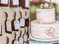 Brown wedding decor ideas including escort tags and wedding cake