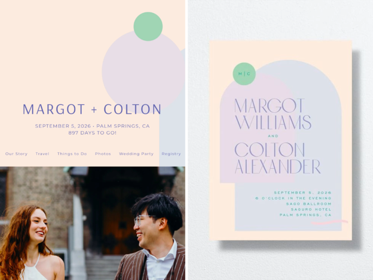 trendy wedding website with matching invitations featuring abstract blue, purple and green shapes