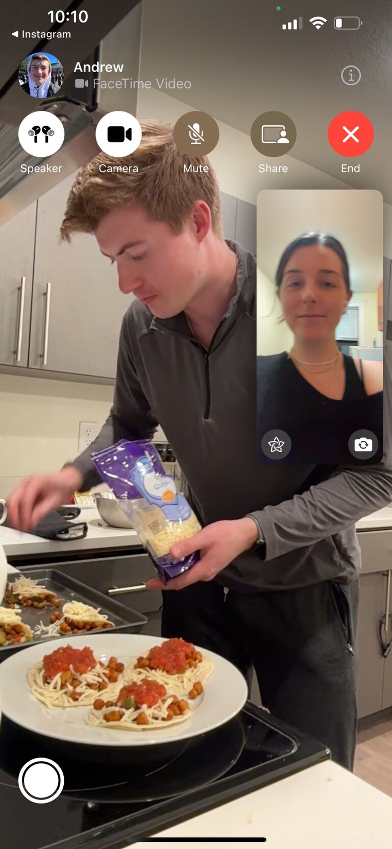 Making dinner over FaceTime while I (Andrew) was a ski bum in Utah for a month.