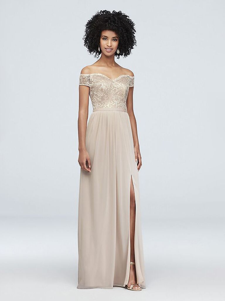 david's bridal off the shoulder gold bridesmaid dress with lace and mesh