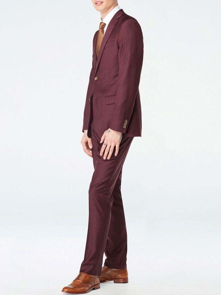Indochino rich burgundy suit jacket and trouser set for fall cocktail wedding attire