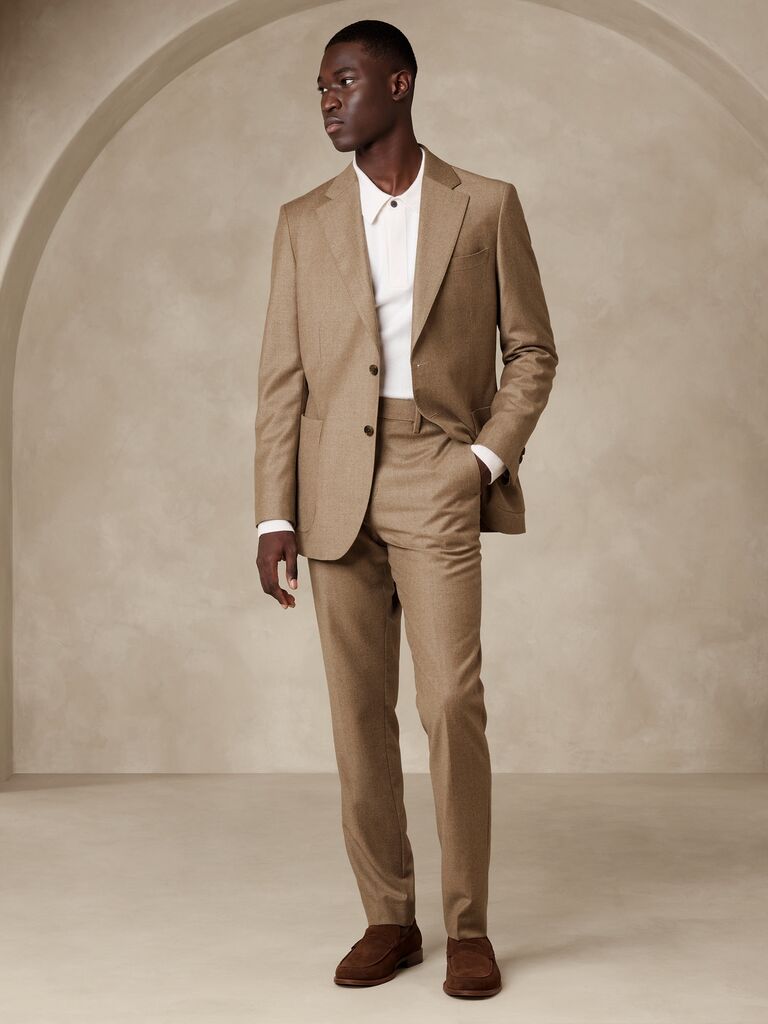 Banana Republic brown suit for barn wedding guests