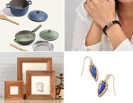 Four 9-year anniversary gift ideas: pots and pans, leather bracelet, lapis earrings, willow photo frames