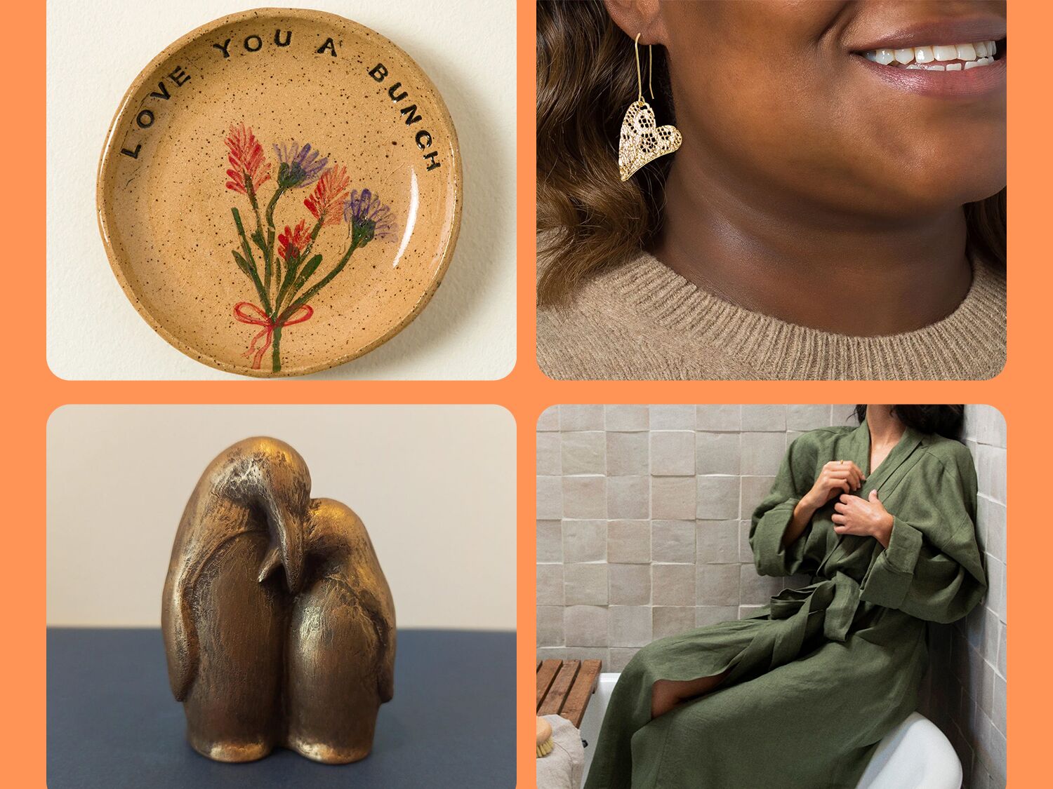 Four 8 year anniversary gifts: trinket dish, heart earrings, bathrobe, penguin sculpture