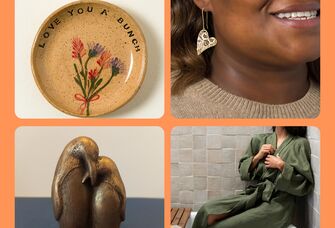 Four 8 year anniversary gifts: trinket dish, heart earrings, bathrobe, penguin sculpture