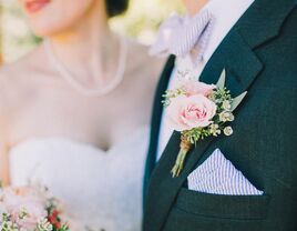 groom with seersucker bow tie and pocket square