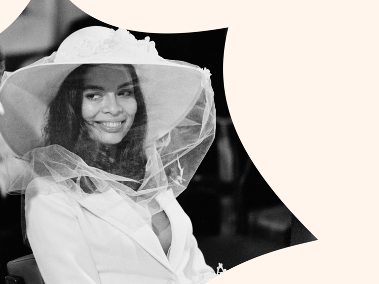 Bianca Jagger wears an elegant wedding veil. 