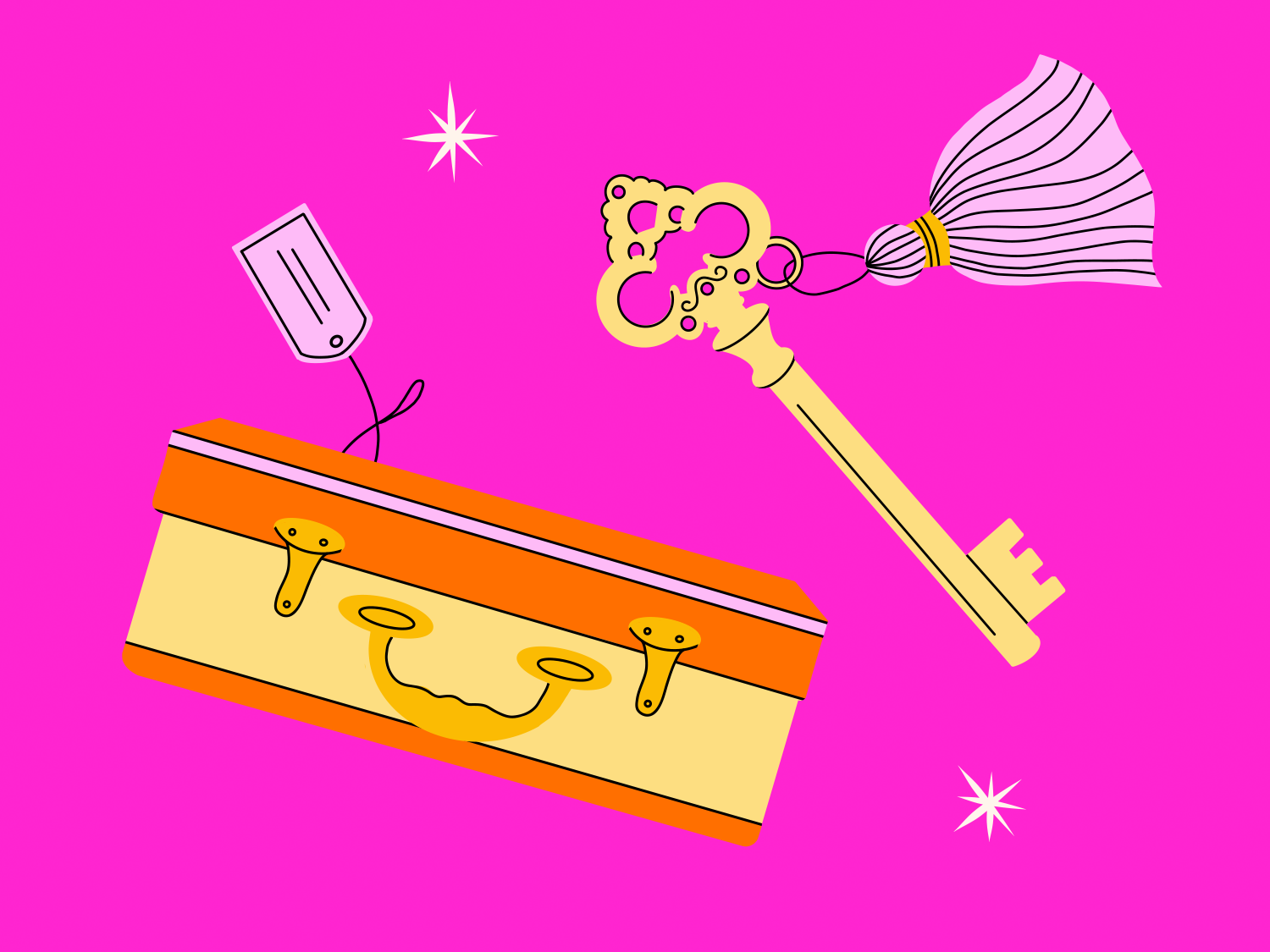 Illustration of keys and luggage, wedding hotel block