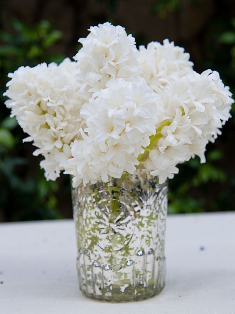 white hyacinth floral arrangement in silver mercury glass vase