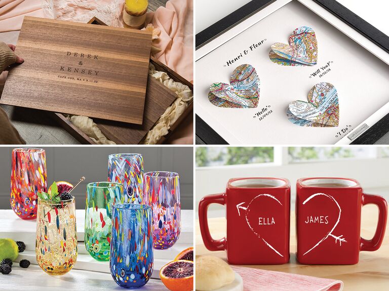 Collage of various Etsy wedding gifts, including a memory box, wall art, glasses, and personalized mugs. 