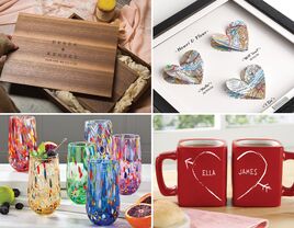 Collage of various Etsy wedding gifts, including a memory box, wall art, glasses, and personalized mugs. 