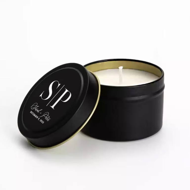 Black tin candles with custom initials for wedding favors