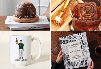 Gifts for boyfriend's dad: wooden rotating calendar, custom ice cube stamp, newspaper headline book, MLB mug