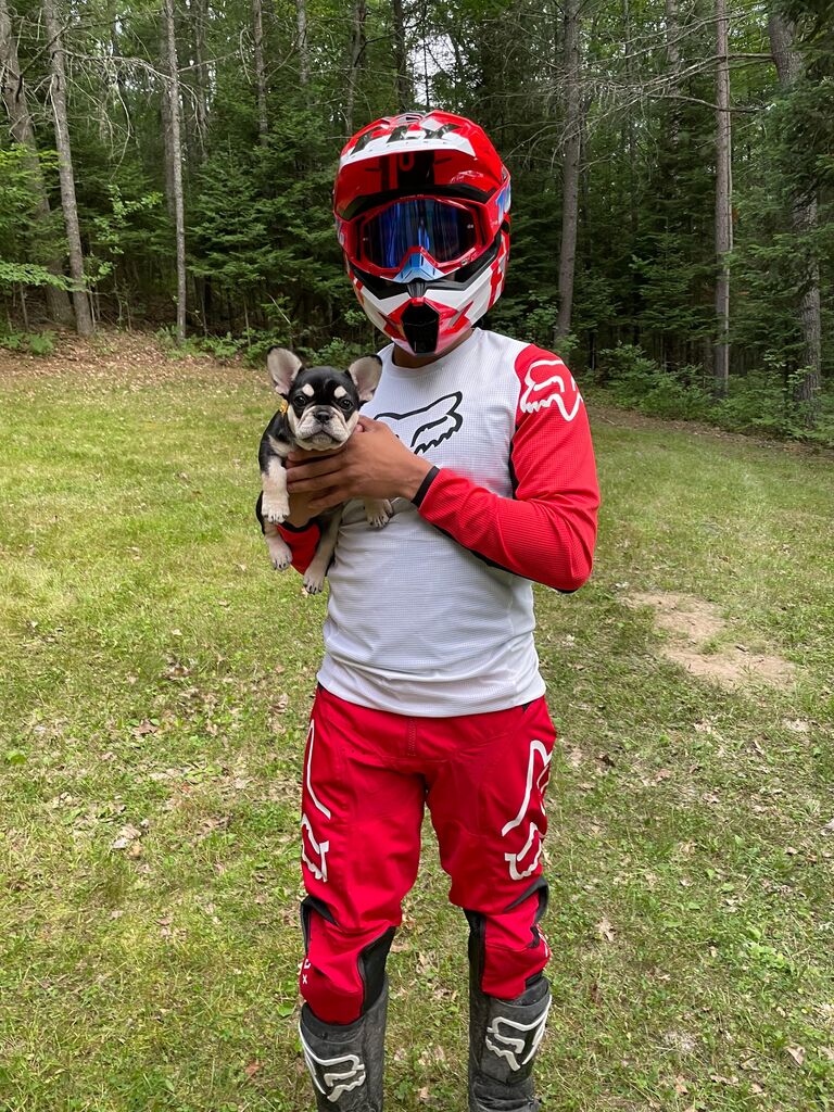 Chanel's first time Up North ❤️ Zach was heading out for the dirt bike trails for a bit, and she had to make sure she sent him off with some proper cuddles 