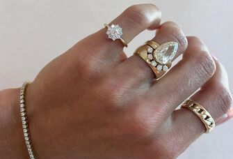 Stacked engagement ring with wedding bands