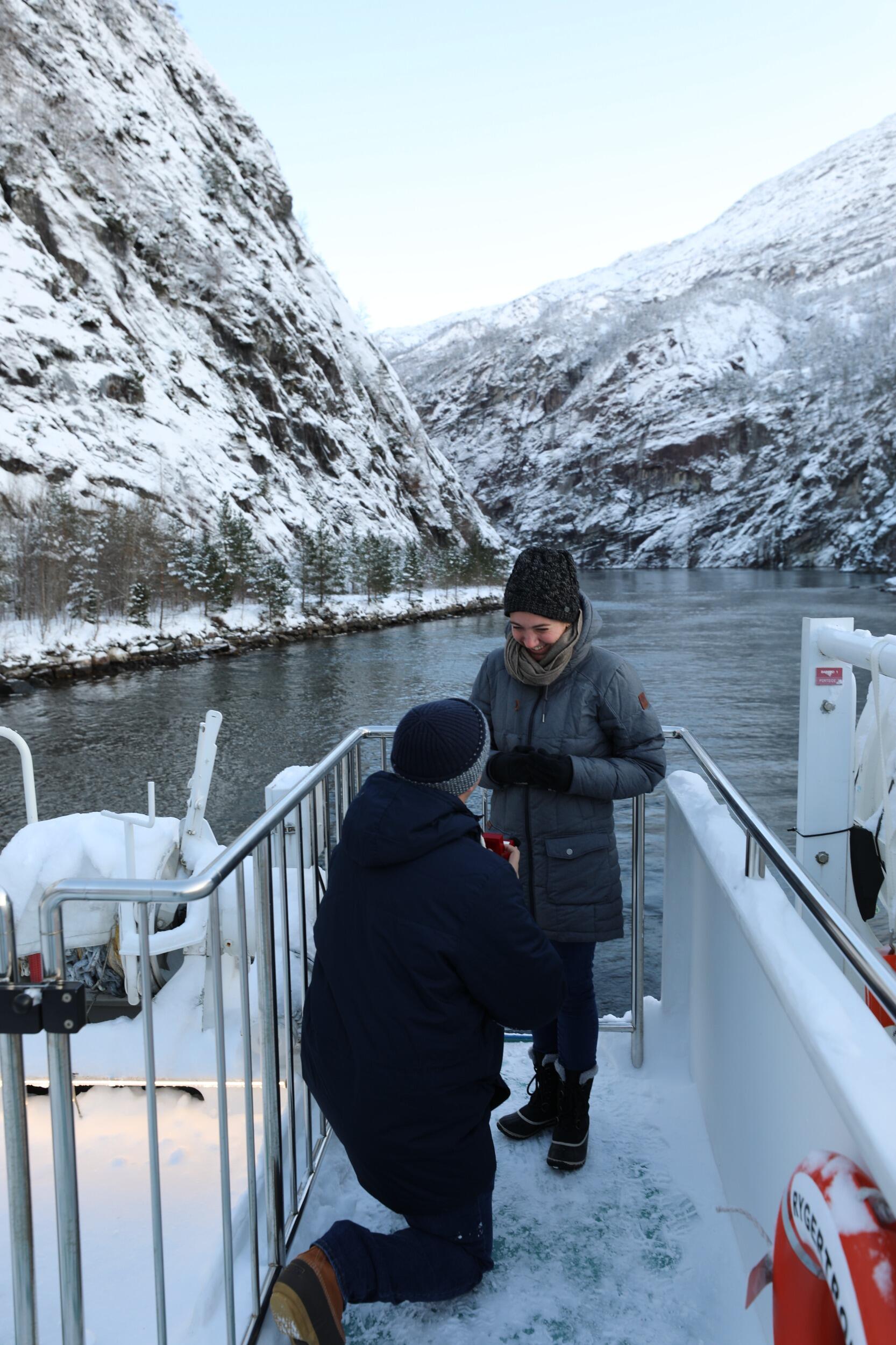 Emily and Nick get engaged on a fjord boat tour in Bergen, Norway