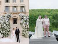 Sofia Richie and her husband on their wedding day, and Beanie Feldstein and her wife on their wedding day