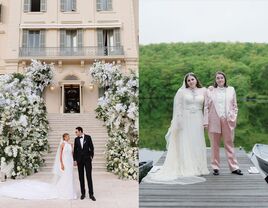 Sofia Richie and her husband on their wedding day, and Beanie Feldstein and her wife on their wedding day