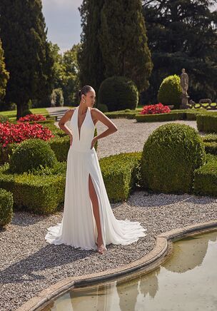 Chiffon A-Line Gown with Plunging Halter Neckline and Cummerbund