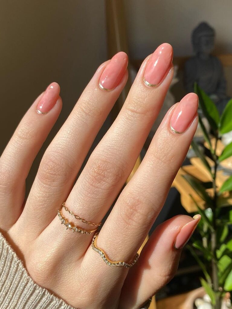 Pink bridesmaid nails with micro glitter line 