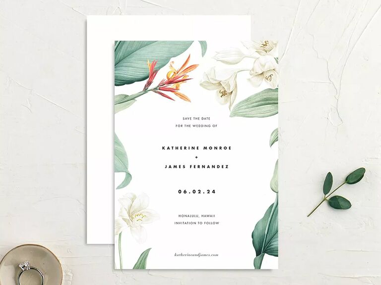 Minimalist beachy florals boarder event details in simple black type on white background