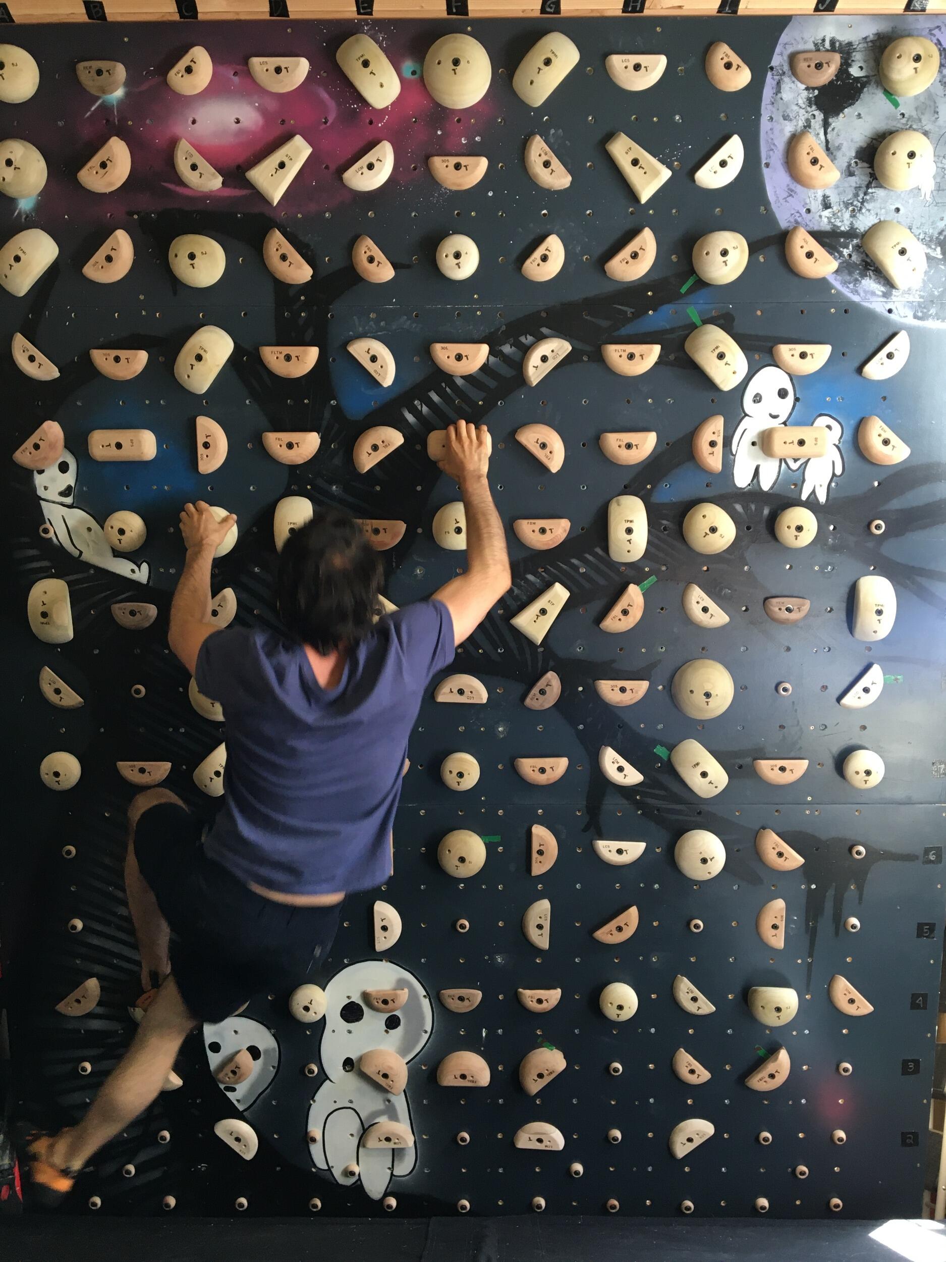 In May of lockdown, with the help of the Covid Pod, John fulfilled Kate's longtime dream of having a home climbing wall. John's best man, Tom, designed a beautiful Princess Mononoke-themed mural for our wall and thus the wall is called Wall Ghibli. (Thanks Tom!!)