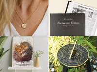 Four 50th anniversary gifts: gold necklace, New York Times anniversary edition, custom sundial, custom portrait