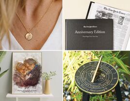 Four 50th anniversary gifts: gold necklace, New York Times anniversary edition, custom sundial, custom portrait