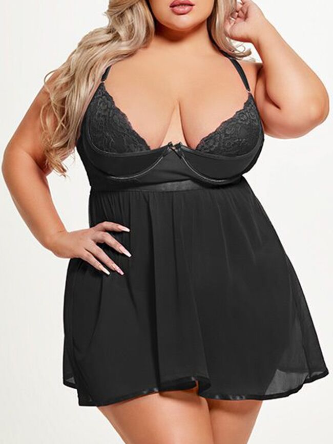 Plus Size Nude and Black Satin Lace Chemise
