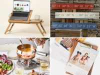 Four seven-year anniversary gifts: a laptop tray, custom wooden sign, fondue pot, custom desktop calendar