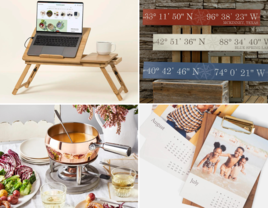 Four seven-year anniversary gifts: a laptop tray, custom wooden sign, fondue pot, custom desktop calendar