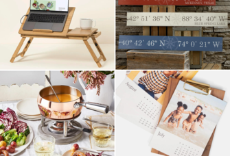 Four seven-year anniversary gifts: a laptop tray, custom wooden sign, fondue pot, custom desktop calendar