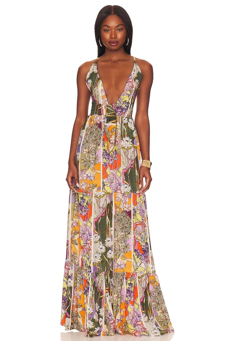Maxi dress with plunging neck and colorful floral print