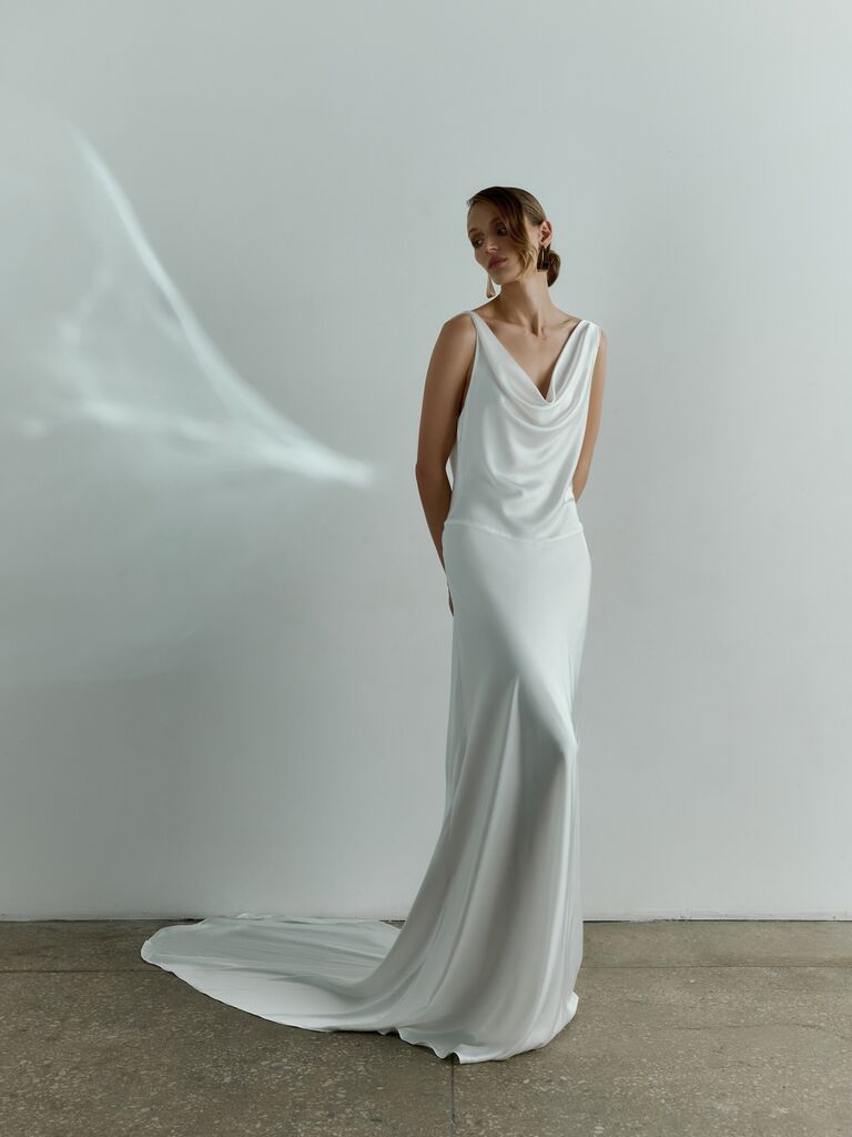 Cowl neck affordable wedding dress by Reev Bridal. 